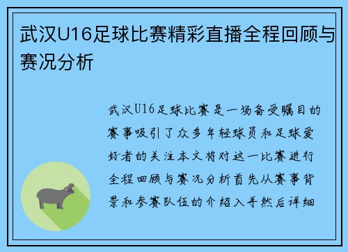 武汉U16足球比赛精彩直播全程回顾与赛况分析